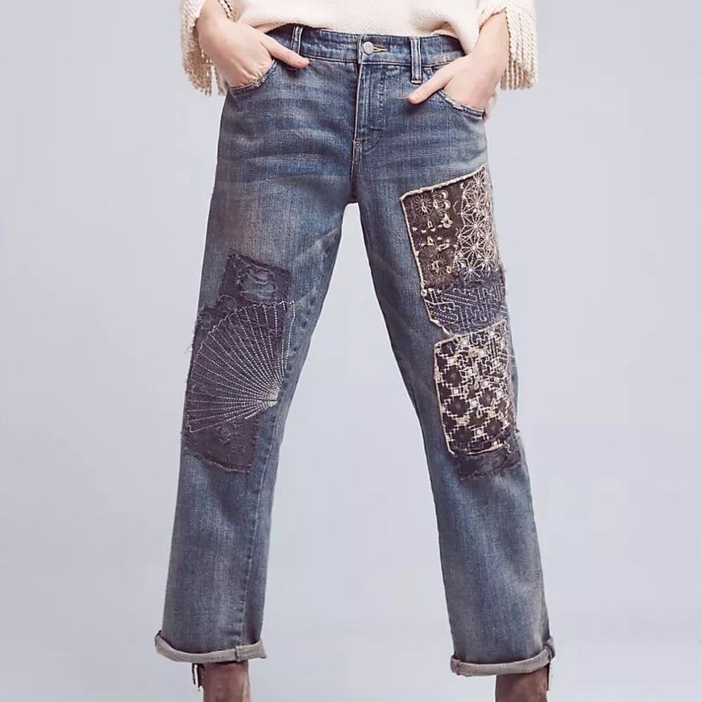 Anthropologie Pilcro Hyphen Mid-Rise Boyfriend Jean Patchwork Embroidery size 27